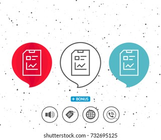 Speech bubbles with symbol. Report Document line icon. Analysis and Statistics File sign. Paper page concept symbol. Bonus with different classic signs. Random circles background. Vector