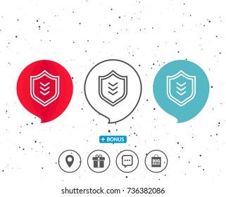 Speech bubbles with symbol. Shield line icon. Protection symbol. Business security sign. Bonus with different classic signs. Random circles background. Vector