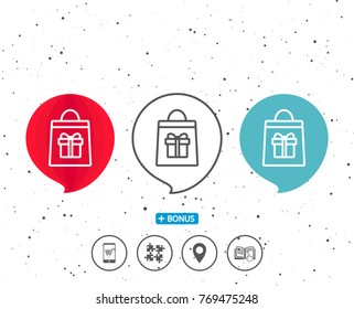 Speech bubbles with symbol. Shopping bag with Gift box line icon. Present or Sale sign. Birthday Shopping symbol. Package in Gift Wrap. Bonus with different classic signs. Random circles background