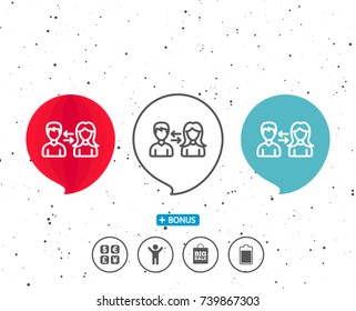 Speech bubbles with symbol. Teamwork line icon. Users communication. Male and Female profiles sign. Person silhouette symbol. Bonus with different classic signs. Random circles background. Vector
