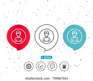 Speech bubbles with symbol. User line icon. Profile Avatar sign. Male Person silhouette symbol. Bonus with different classic signs. Random circles background. Vector
