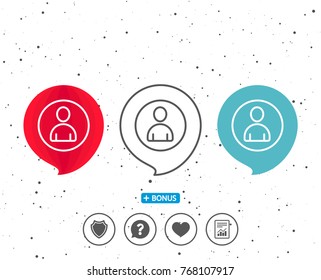 Speech bubbles with symbol. User line icon. Profile Avatar sign. Person silhouette symbol. Bonus with different classic signs. Random circles background. Vector