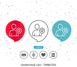 Speech bubbles with symbol. User Protection line icon. Profile Avatar with shield sign. Person silhouette symbol. Bonus with different classic signs. Random circles background. Vector