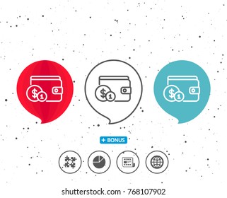 Speech bubbles with symbol. Wallet with Cash money line icon. Dollar currency sign. Payment method symbol. Bonus with different classic signs. Random circles background. Vector