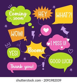 Speech bubbles.Сolorful bubbles with talk phrases. Сartoon text cloud frames for communication, conversation. 