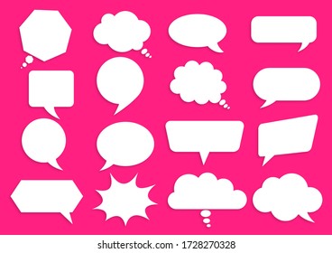 Speech bubbles talking about the news and global events on an pink background.