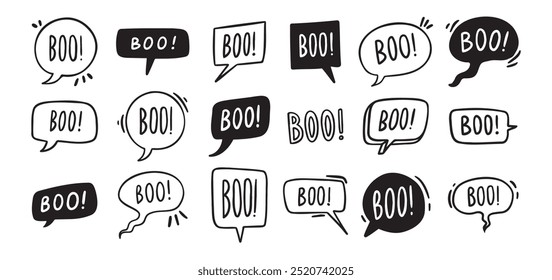 Burbujas de discurso con texto Boo. Vector dibujado a mano doodle Ilustración vectorial