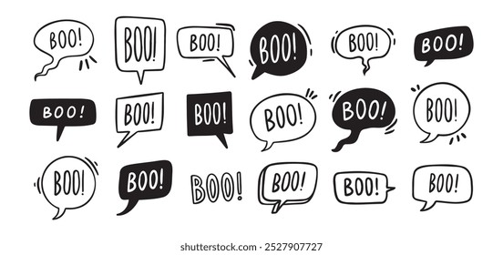 Burbujas de discurso con texto Boo. Vector dibujado a mano doodle Ilustración vectorial