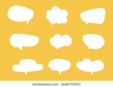 Bolhas de fala para texto. Símbolo de bate-papo, padrões. Balões de mensagens, adesivos, caixas de bate-papo em mídias sociais. Formas planas em estilo Doodle. Informação, ideia, sinal de fala, maquetes de citações, quadros mínimos de diálogo.