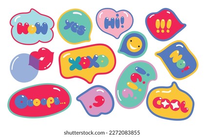 Speech bubbles with text. Colourful trendy letters in variety of shapes. Creative hand-drawn design set. All elements are isolated.