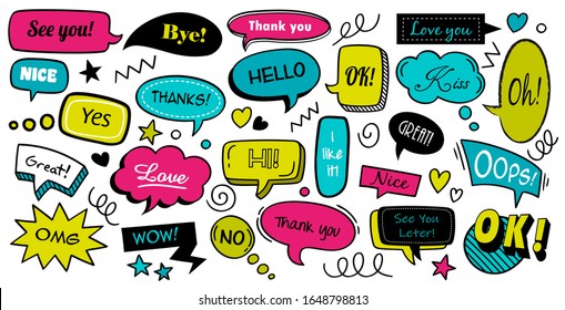 
Speech bubbles with text sound. Hand drawn trendy design cartoons elements. Communication tags. Vector illustration doodle colourful text banners set communication clouds, comic cartoon sticker