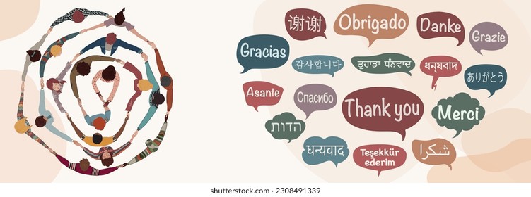 Speech bubbles with text -thank you- in various international languages.Group of people in circle - top view- diverse culture multicultural people from different nations and continents 