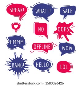 Speech bubbles text. Thinking words and phrase sound humor sticker communication tags speaking expression comic vector cartoon bubbles