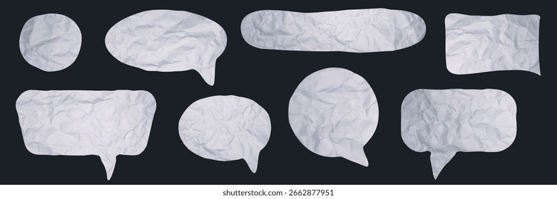 Conjunto texturizado de bolhas de fala. Textura de papel amassado. Conjunto de vetores de quadros de texto isolados