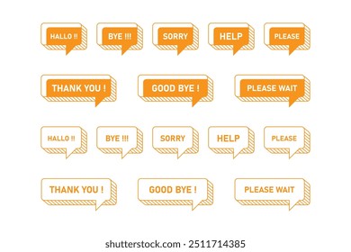 speech bubbles thank you, hello, please, help, please wait, sorry, good bye.