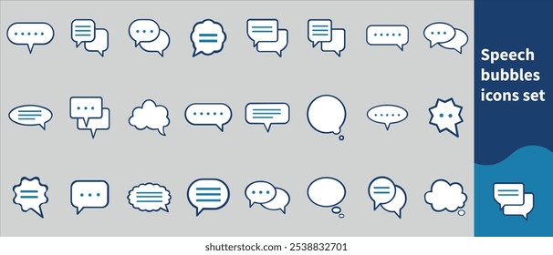  Speech bubbles thin line icons set. Speech, bubble, talk, chat, message, balloon and communication. Vector design.