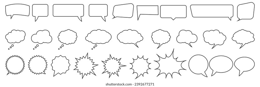 Speech bubbles thin outline icons set. Talk or chat message balloon and communication elements collection wit editable stroke.