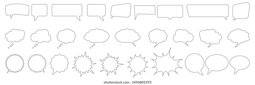 Conjunto de iconos de contorno delgado de burbujas de discurso. Globo de mensajes de conversación o chat y colección de Elementos de comunicación con trazo editable.