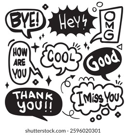 Speech bubbles with various expressions like Bye, Hey, OMG, and Thank You create fun and engaging visual for communication. Perfect for social media or creative projects