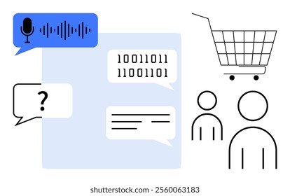 Speech bubbles with various icons and binary code, a shopping cart, and simple human figures. Ideal for communication, technology, e-commerce, customer interaction, and digital shopping concepts