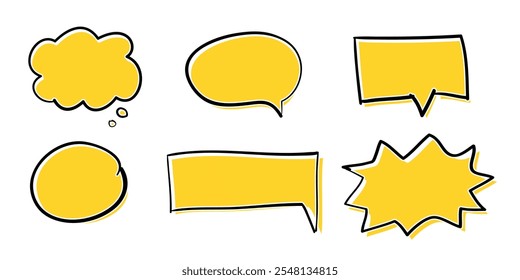 Speech bubbles in various shapes and colors with quotation marks on a white background.