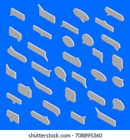 Speech bubbles of various shapes, isolated on a blue background. Flat 3D isometric style, vector illustration.