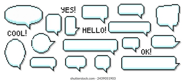 Speech bubbles of various shapes in the pixel art style with 3d effect. Set of empty pixelated speech bubbles with text. Vector illustration on a white background.