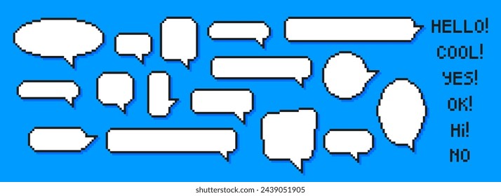 Speech bubbles of various shapes in the pixel art style. Set of empty pixelated speech bubbles with text. Vector illustration.