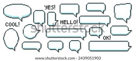 Speech bubbles of various shapes in the pixel art style with 3d effect. Set of empty pixelated speech bubbles with text. Vector illustration on a white background.