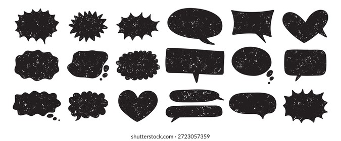 speech bubbles in various shapes set. Crayon grunge texture communication frames. Textbox cloud, chat text boxes . Vector illustration
