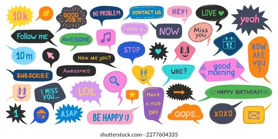 Speech bubbles vector. Message bubbles with slang phrases. Speech bubble doodles, text message, social media comment. Comics, chat or dialogue phrases.