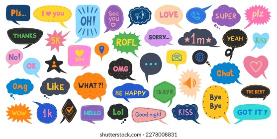 Speech bubbles vector. Message bubbles with slang phrases. Speech bubble doodles, text message, social media comment. Comics, chat or dialogue phrases.