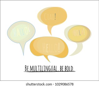 Speech Bubbles Vector Set. Tender Colorful Comic Elements in Blue, Turquoise, Orange, Green with Hello in English, German: Hallo, Spanish: Hola, Italian: Ciao. Language School, Translators Agency Logo