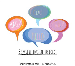 Speech Bubbles Vector Set. Tender Colorful Comic Elements in Blue, Turquoise, Orange, Green with Hello in English, German: Hallo, Spanish: Hola, Italian: Ciao. Language School, Translators Agency Logo