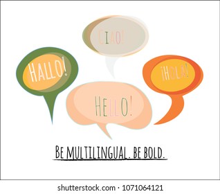 Speech Bubbles Vector Set. Tender Colorful Comic Elements in Blue, Turquoise, Orange, Green with Hello in English, German: Hallo, Spanish: Hola, Italian: Ciao. Language School, Translators Agency Logo