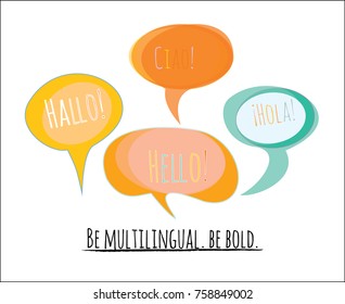 Speech Bubbles Vector Set. Tender Colorful Comic Elements in Blue, Turquoise, Orange, Green with Hello in English, German: Hallo, Spanish: Hola, Italian: Ciao. Language School, Translators Agency Logo