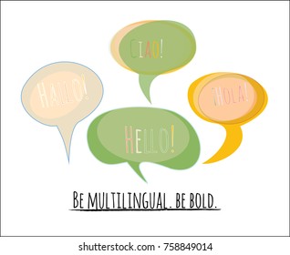 Speech Bubbles Vector Set. Tender Colorful Comic Elements in Blue, Turquoise, Orange, Green with Hello in English, German: Hallo, Spanish: Hola, Italian: Ciao. Language School, Translators Agency Logo