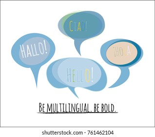 Speech Bubbles Vector Set. Tender Colorful Comic Elements in Blue, Turquoise, Orange, Green with Hello in English, German: Hallo, Spanish: Hola, Italian: Ciao. Language School, Translators Agency Logo