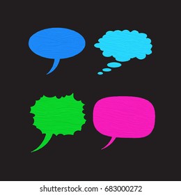 speech bubbles watercolor 4 set. paint color talking bubble collection. black background. grunge texture. vector illustration