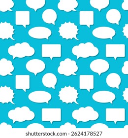 Speech bubbles. White elements on blue background. Vector seamless pattern.