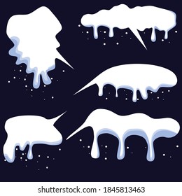 Speech bubbles, white snow concept and isolated on black background, used in winter and Christmas designs.