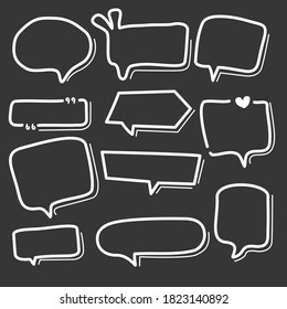 speech bubbles with, greetings and sale ad. Artistic collection of hand drawn doodle style comic balloon, cloud, Isolated vector set.white line frame on black background.