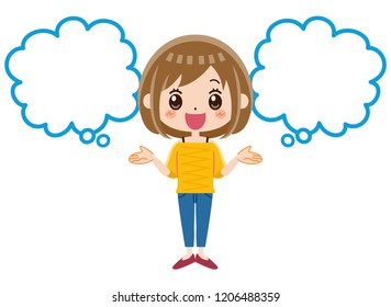 Speech bubbles and woman.