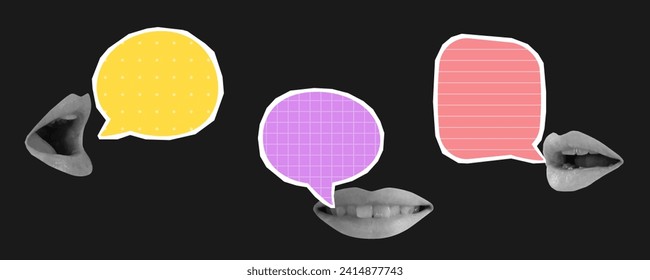 Speech bubbles and woman lips. Empty space for quote, plan and idea. Social media communication. Vector illustration