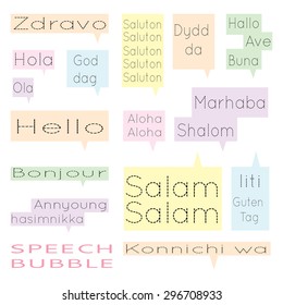 Speech bubbles with the word hello in different languages.