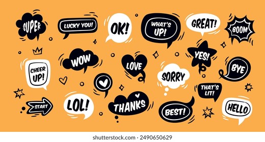 Speech bubbles with words. Comics short phrases. Doodle style dialog boxes with exclamations. Funky different shapes. Message stickers. Text places. Chatting frames