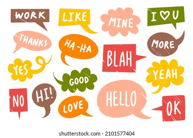 Speech bubbles with words. Hand drawn set. Different Abstract vector illustration. Isolated elements