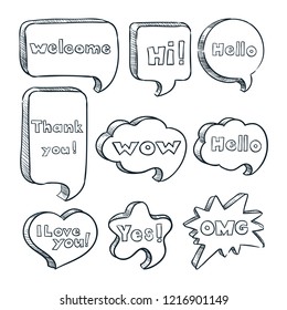 Speech bubbles with words and phrases, vector sketch illustration. Hand drawn comic text clouds with messages. Dialog icons, stickers and design elements.