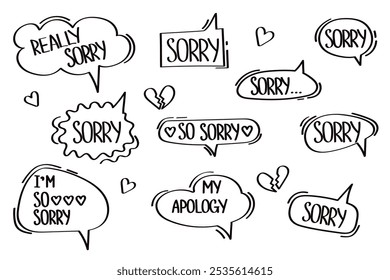 Speech bubbles with the words Sorry. Vector illustration of various speech bubbles with handwritten apologies. Simple outline marker style. Imitation of conversation