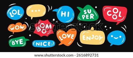 Speech bubbles words stickers. Funny text balloons, rounded chubby font, comic words, dialogue thought clouds, color talk frames, communication box with comments, garish vector cartoon set